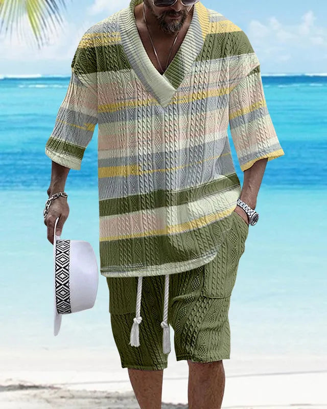 Men's casual short sleeve polyester suit set with loose fit top and matching shorts