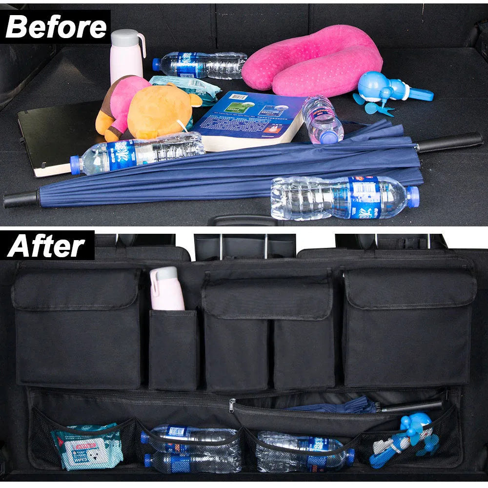 Black car hanging storage bag made of waterproof Oxford cloth with a handle, shown hanging in a vehicle boot.
