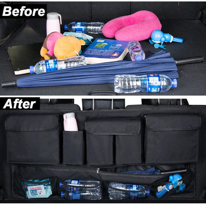 Black car hanging storage bag made of waterproof Oxford cloth with a handle, shown hanging in a vehicle boot.