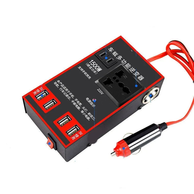 Car power converter 12v 24v to 220v transformer with 4 USB charging sockets, in-car power inverter for laptop and device charging, black automotive DC to AC inverter for vehicle use