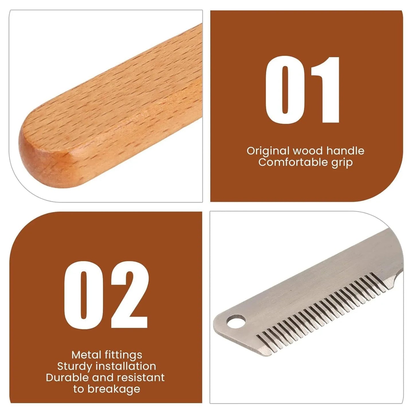 Dog stripping comb grooming tool with wood handle and metal blade for removing hair.