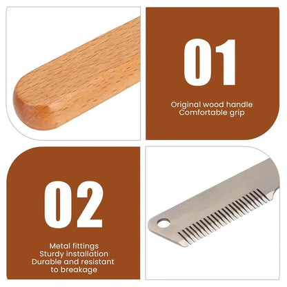Dog stripping comb grooming tool with wood handle and metal blade for removing hair.