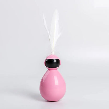 Tumbler cat toy in white, yellow, or pink with ABS body and feather replacement pieces.