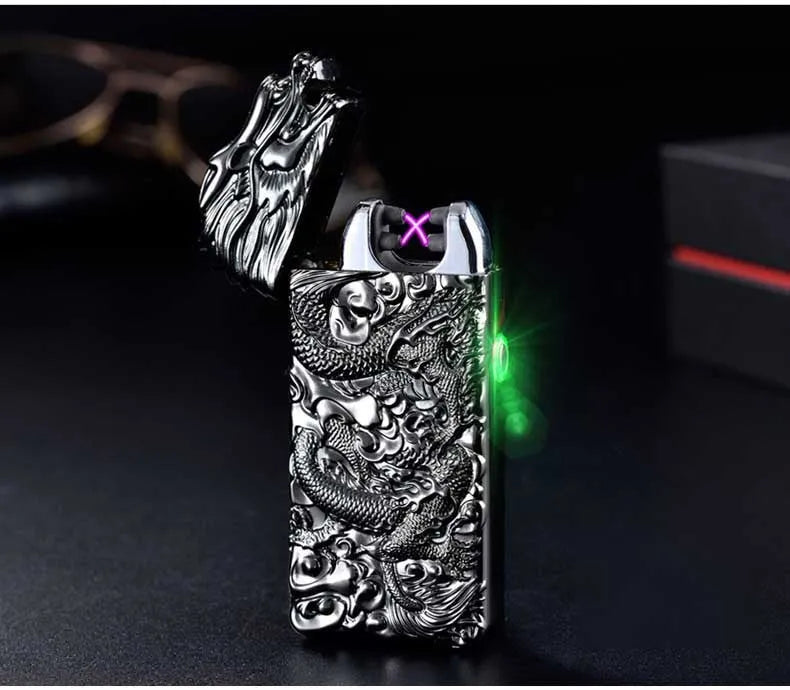 USB rechargeable windproof metal lighter with embossed arc design in multiple colour options