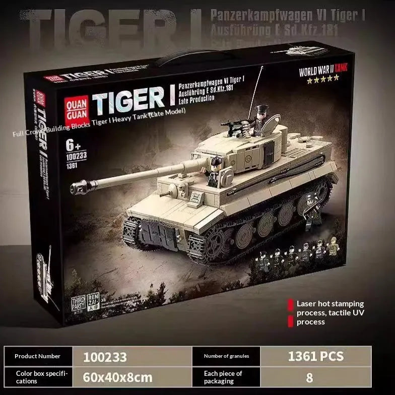 Children's Assembly Armored Vehicle Building Blocks Toy German Tiger I Heavy Tank 1361 Small Particle Plastic Bricks Set for Ages 7-14