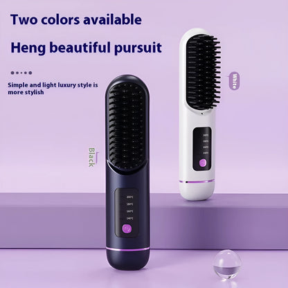 White portable negative ion hair comb showing USB charging port and adjustable length mechanism from 15cm to 20cm