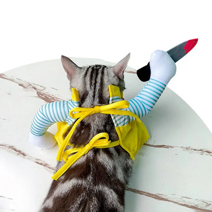 Yellow polyester cat costume with knife assassin design in sizes S to XL.