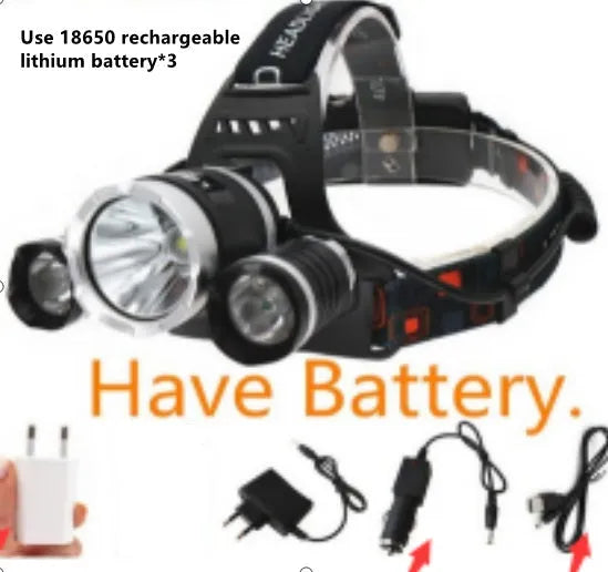 Rechargeable aluminium LED headlamp with adjustable elastic headband and Hawkeye lens.