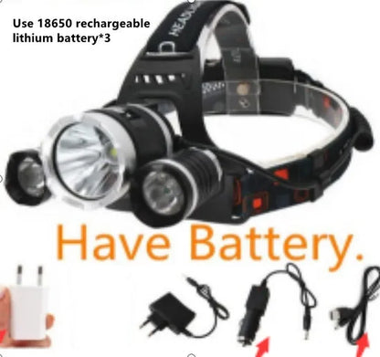 Rechargeable aluminium LED headlamp with adjustable elastic headband and Hawkeye lens.