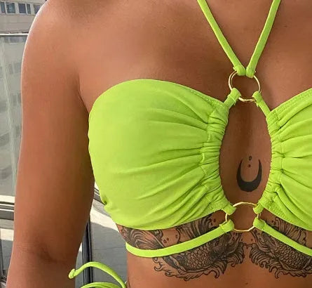 Yellow green women's split bikini with lace-up triangle top and T-pants