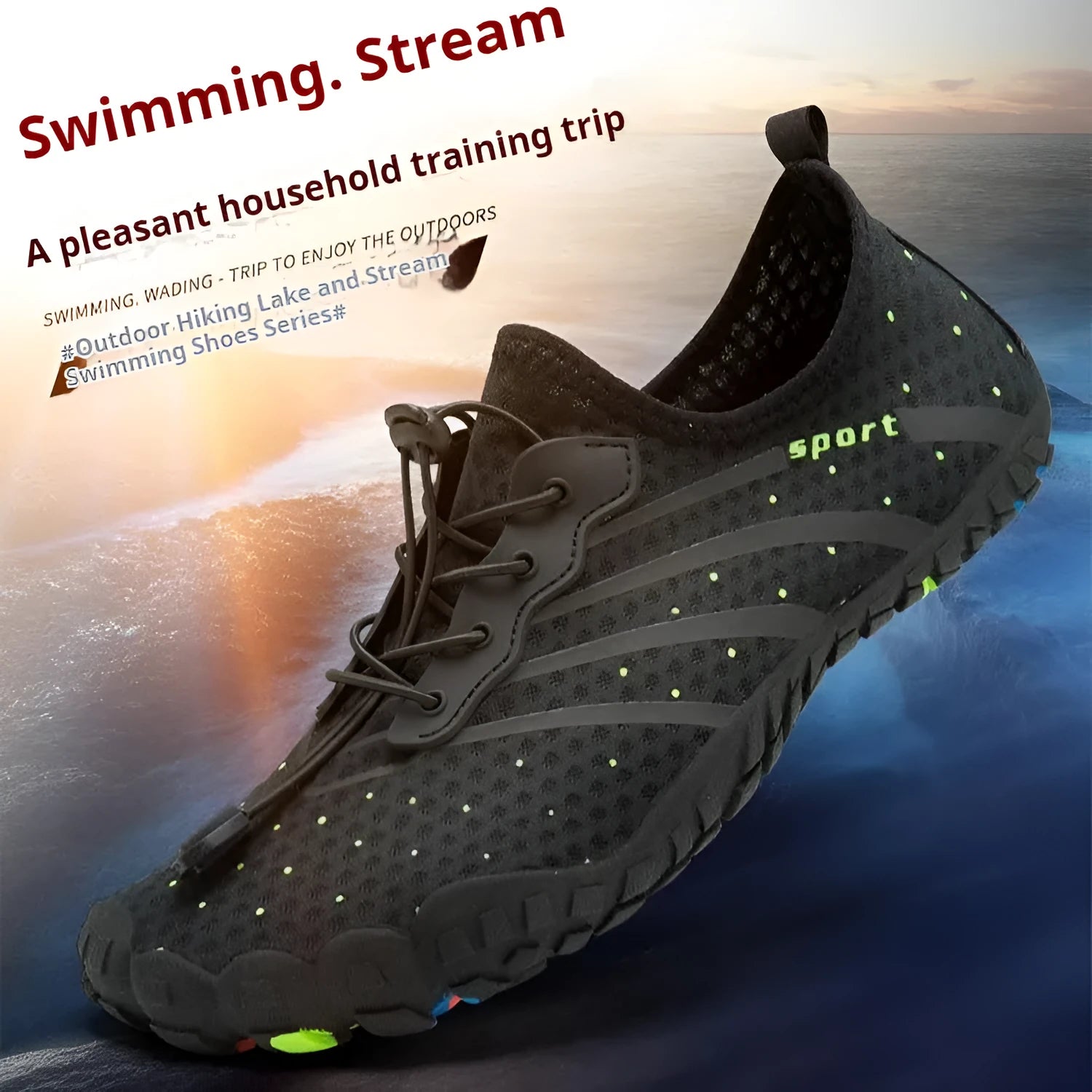 Low-top beach swimming shoes in army green with mesh fabric upper and rubber sole for fast drainage