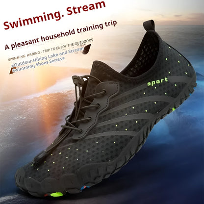 Low-top beach swimming shoes in army green with mesh fabric upper and rubber sole for fast drainage