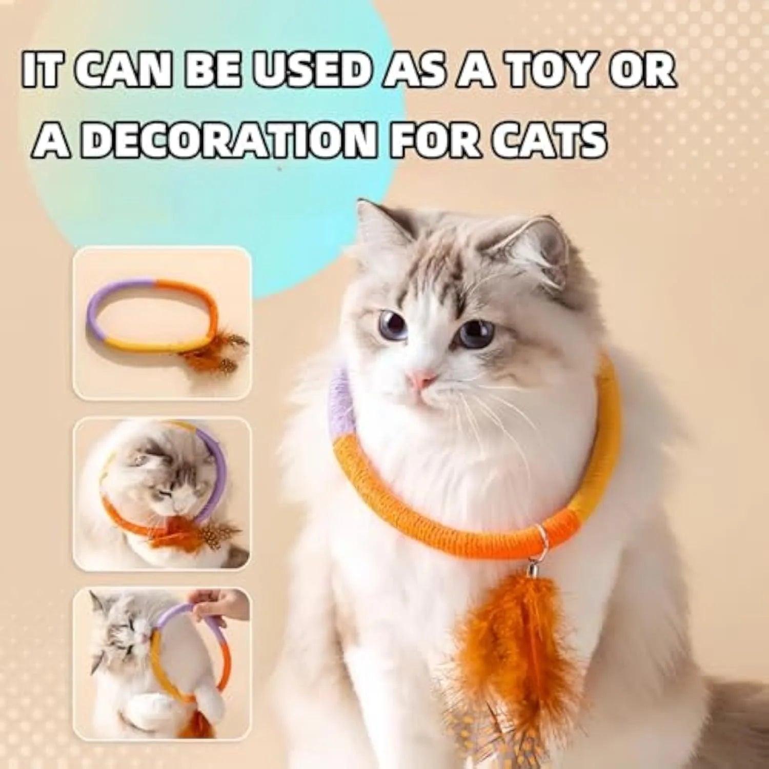 Green circular cotton rope cat toy with feathers and catnip for dental play