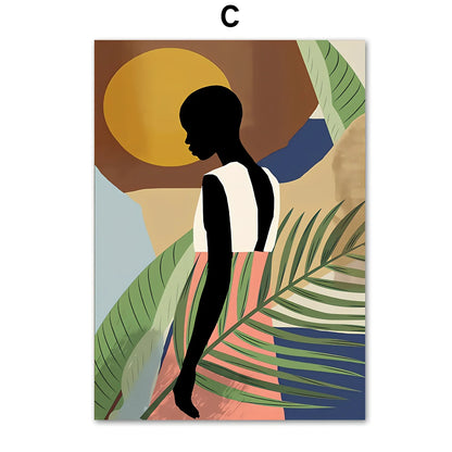 Frameless abstract canvas painting of African women with flower and leaf patterns, spray-painted oil on rectangular canvas, sizes up to 60x100cm