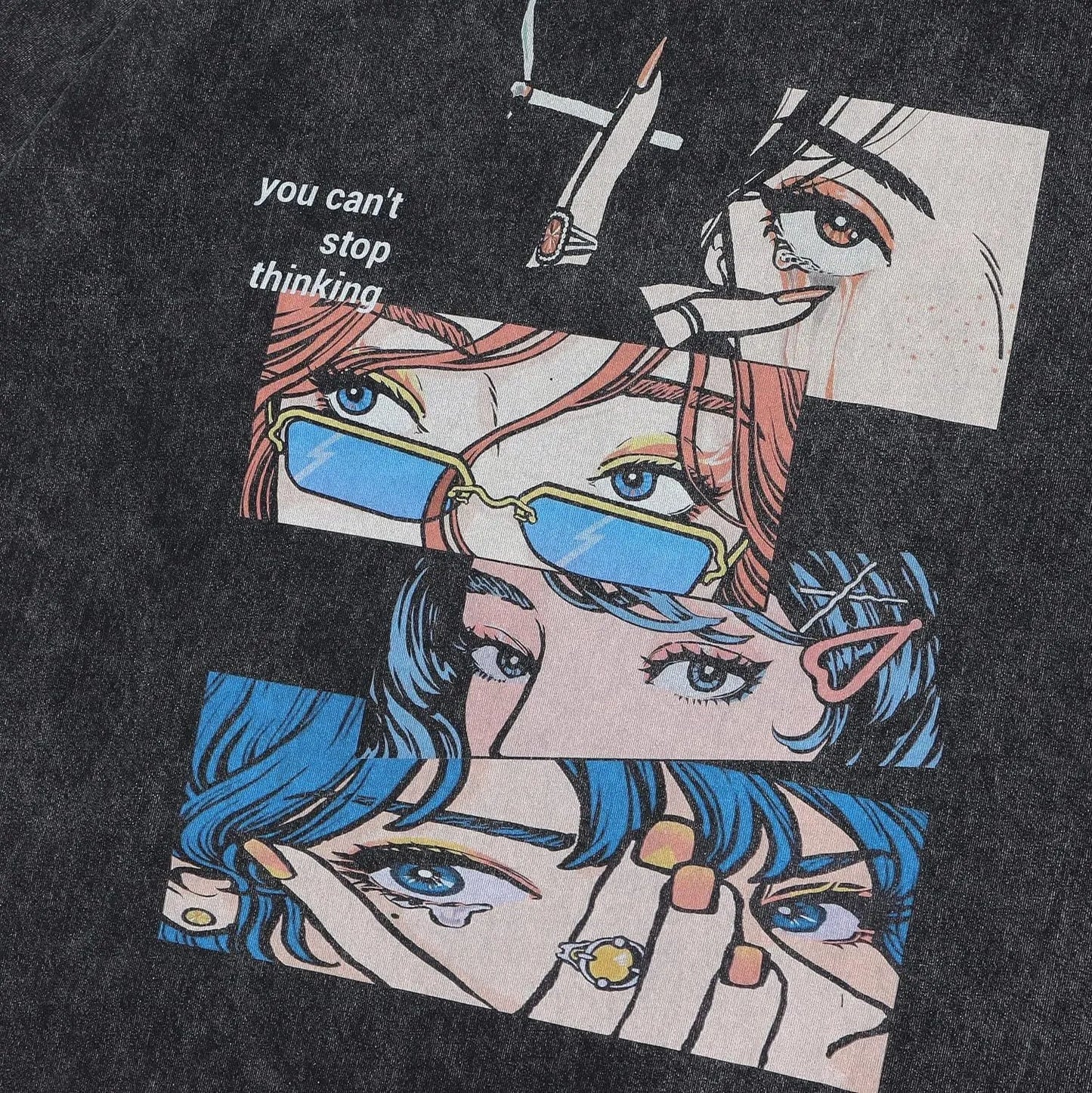 Men's washed black cotton T-shirt with retro cartoon print and short sleeves