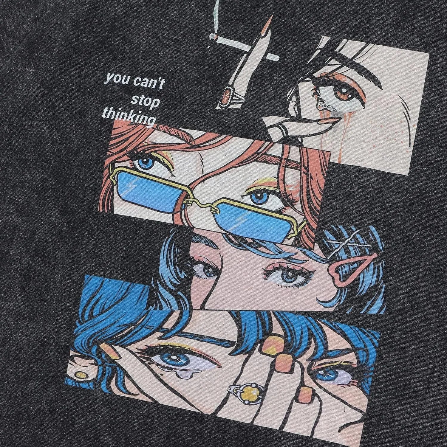 Men's washed black cotton T-shirt with retro cartoon print and short sleeves