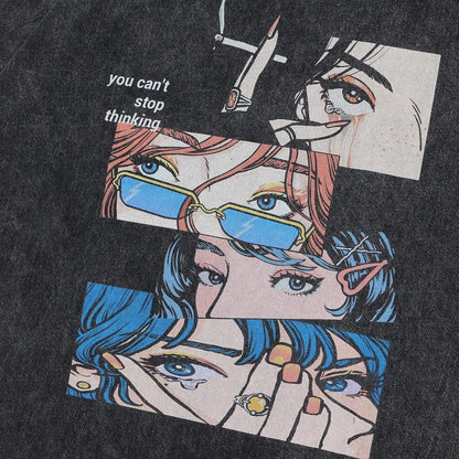Men's washed black cotton T-shirt with retro cartoon print and short sleeves