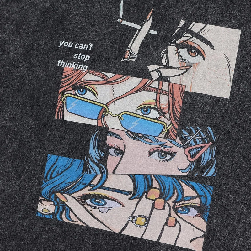 Men's cotton T-shirt with retro cartoon print, loose pullover short sleeve streetwear hip hop casual top for summer leisure wear in washed black colour, available in sizes S M L XL XXL XXXL with digital printing process