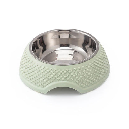 Set of four stainless steel pet bowls with non-slip bases in blue, green, and pink colours.