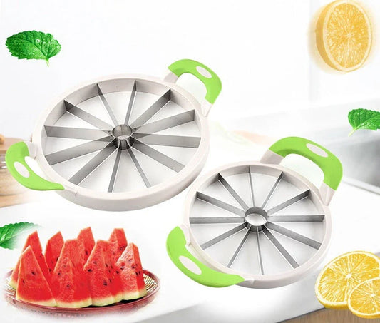 Premium stainless steel watermelon slicer with non-slip handles for quick, safe, and effortless watermelon cutting