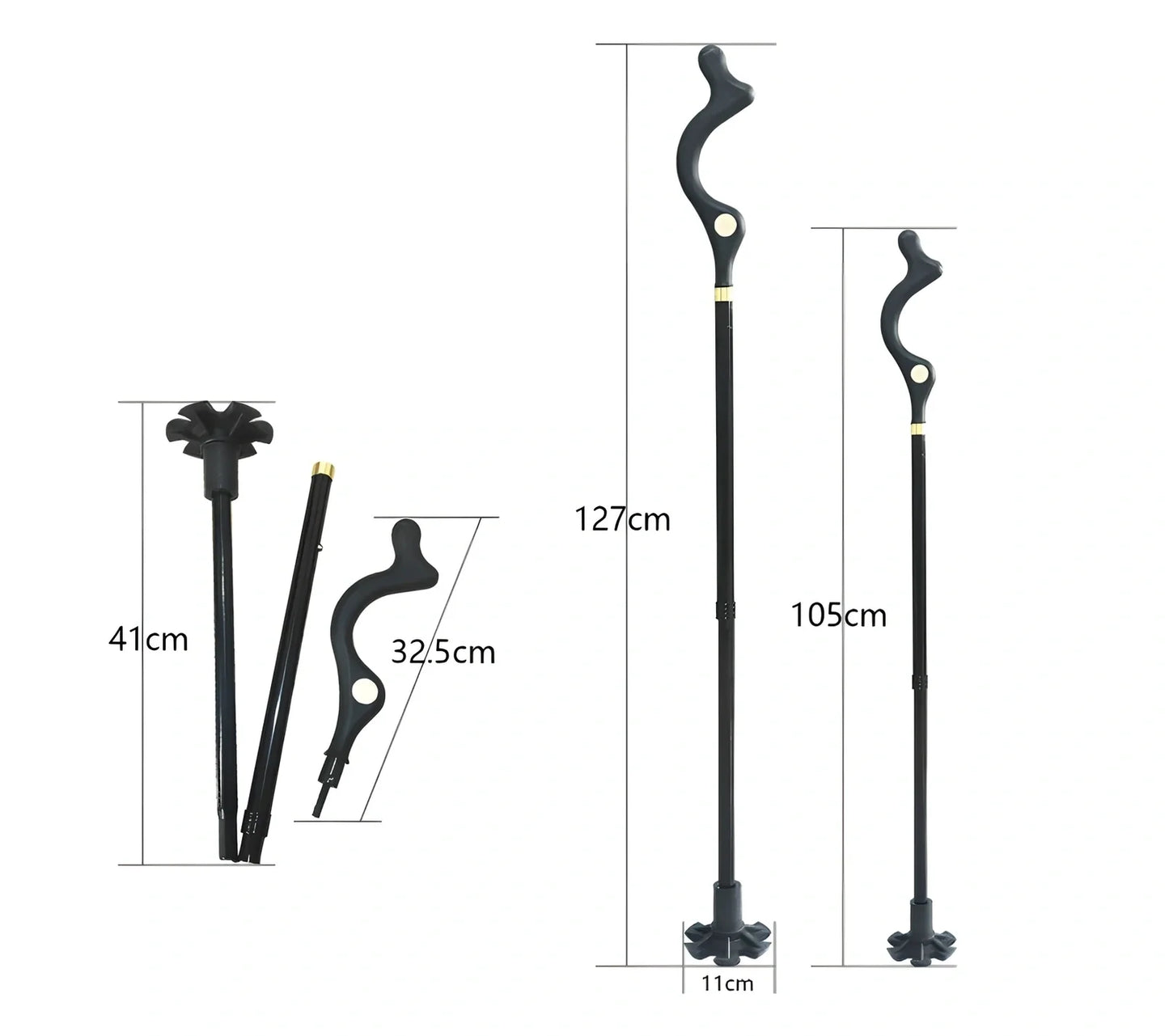 Telescopic folding walking stick with ergonomic handle and six rubber tips for stability