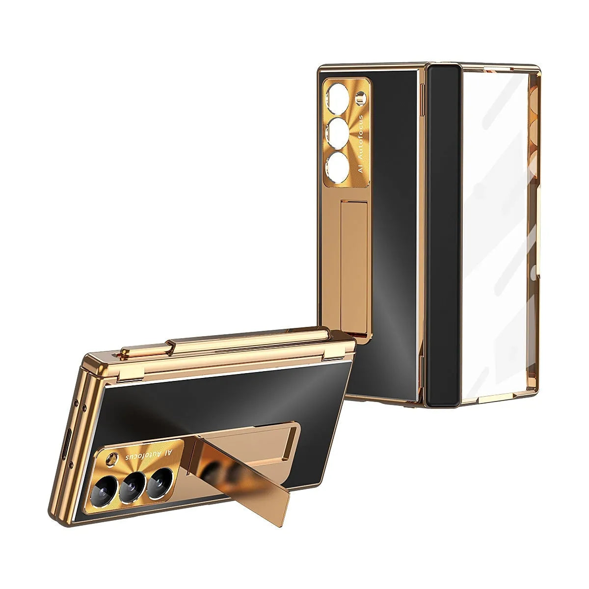 Aluminium alloy flip phone case for Samsung Z Fold 6 with magnetic suction and bracket in gold or black armour colour