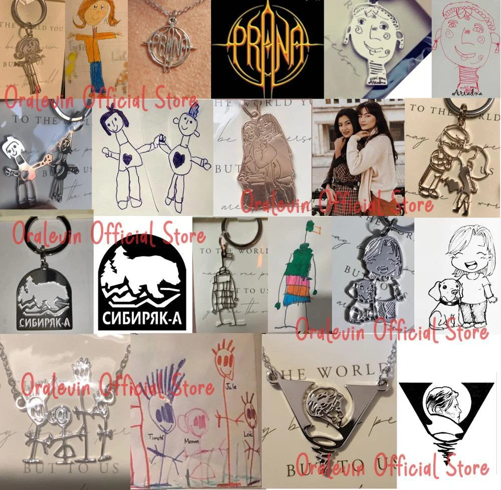 Custom children's artwork necklace with stainless steel chain and titanium steel pendant