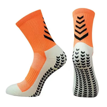 Men's mid-calf athletic football socks with geometric patterns and silicone grip sole