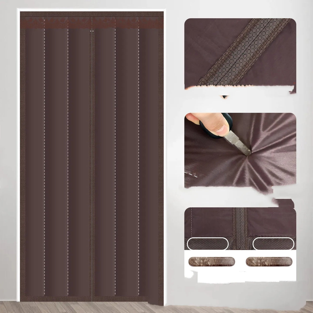 Full seam long magnetic strip cotton door curtain in Oxford cloth with vertical stripes, showing magnetic edges for sealing doorways