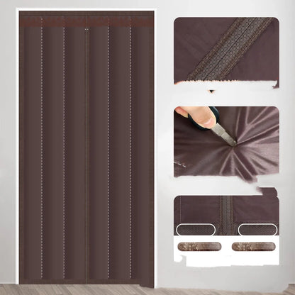 Full seam long magnetic strip cotton door curtain in Oxford cloth with vertical stripes, showing magnetic edges for sealing doorways