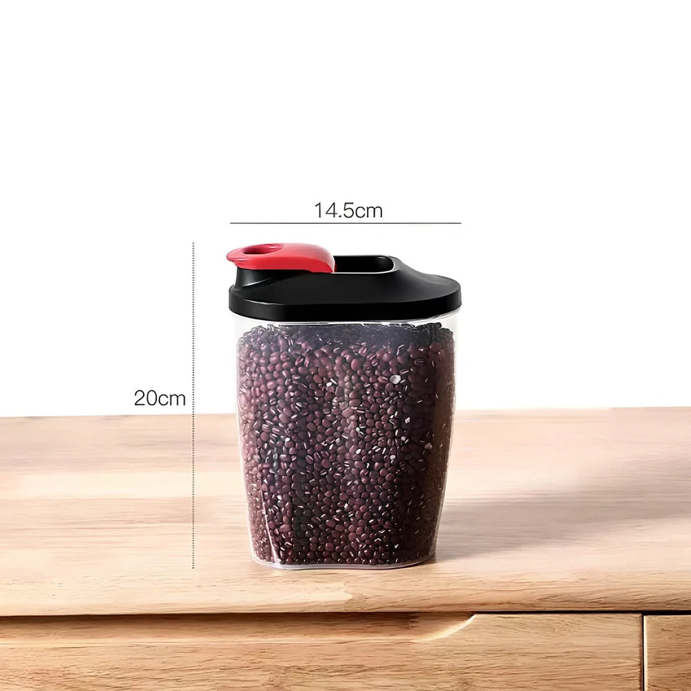 Automatic kitchen rice bucket with push-button portion control and transparent viewing window