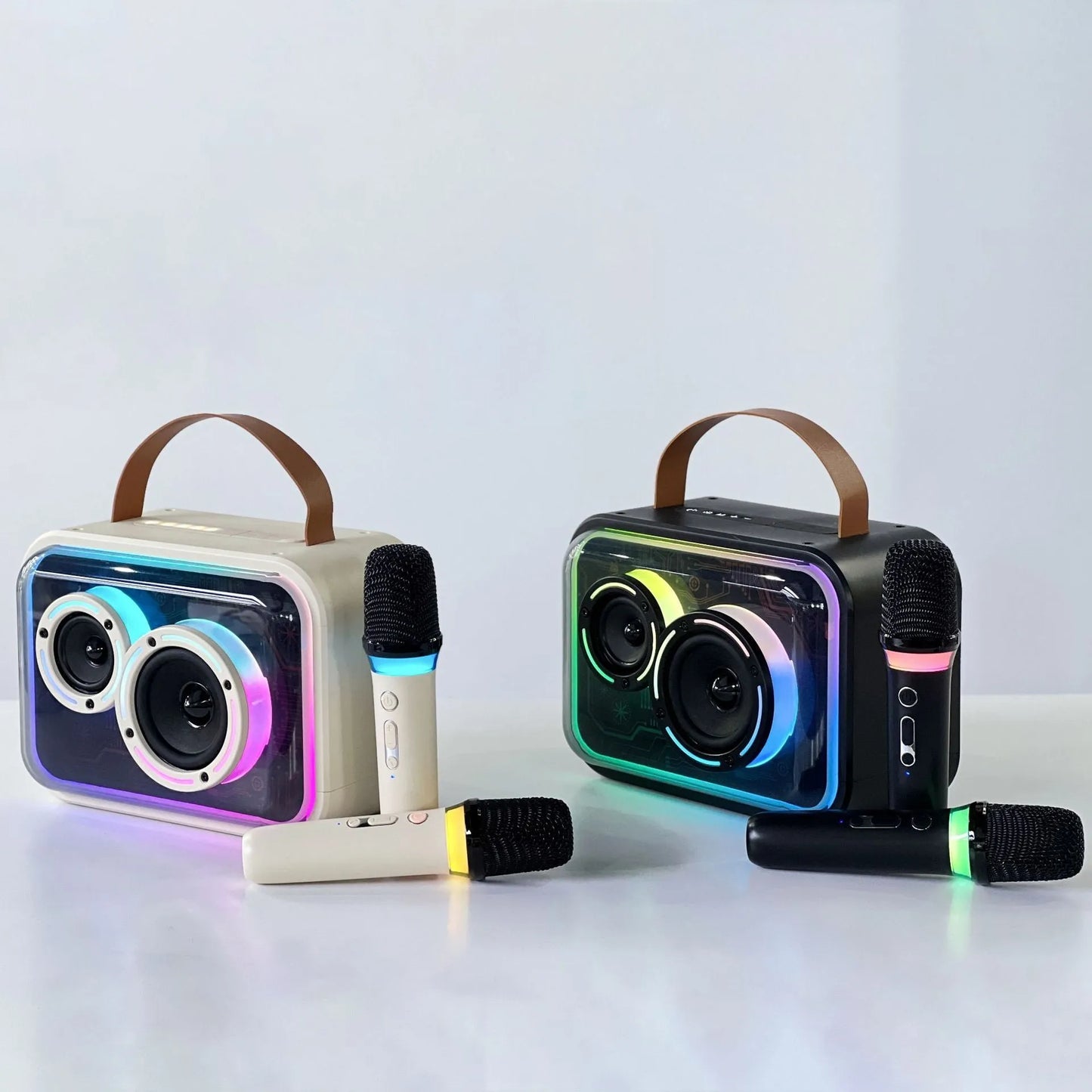 Light yellow portable Bluetooth karaoke speaker with wireless microphone and colourful RGB lights.