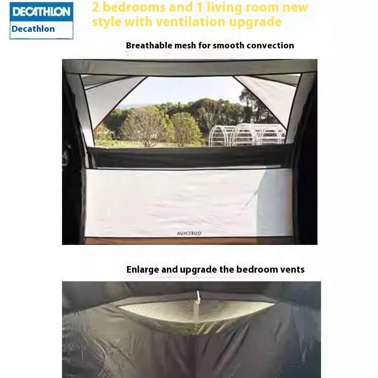 Inflatable four-person camping tent with one bedroom, one living room, rainfly and hand pump