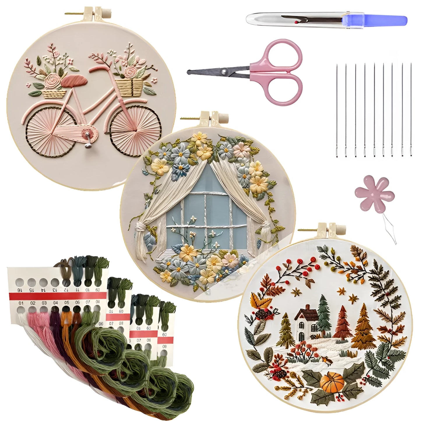 15cm embroidery kit with cartoon pattern on cotton linen fabric and bamboo frame