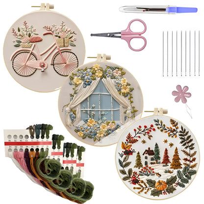 15cm embroidery kit with cartoon pattern on cotton linen fabric and bamboo frame