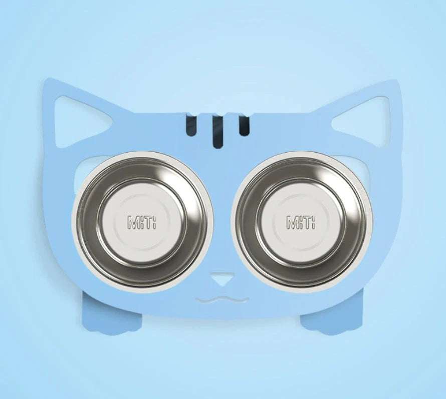 Anti-falling cat dog feeding water bowl in stainless steel with inclined design