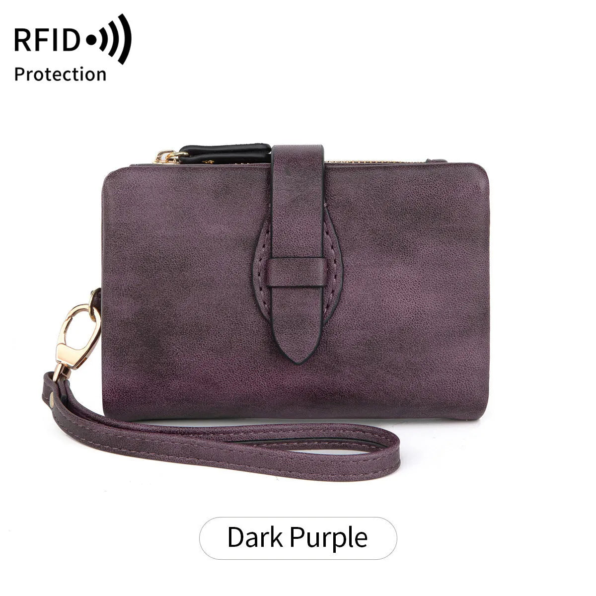 RFID women's short wallet in PU leather with sewing line detail, available in eight colours