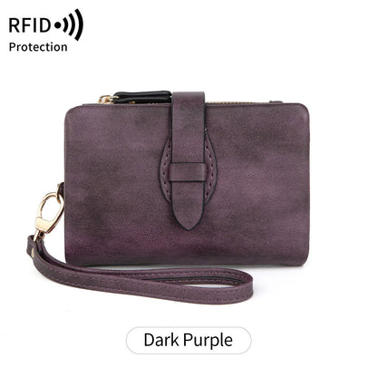 RFID women's short wallet in PU leather with sewing line detail, available in eight colours