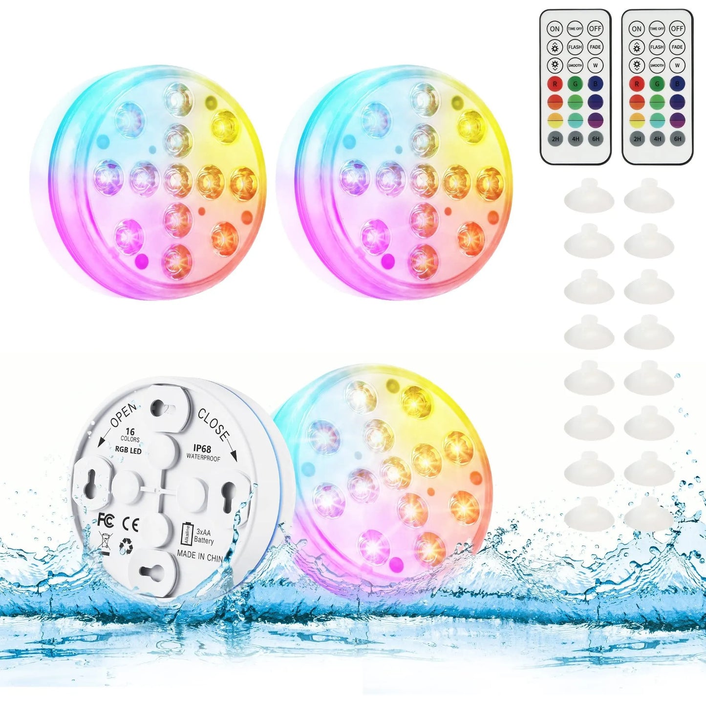 Remote-controlled underwater LED spotlight with colour-changing lights, shown illuminating a garden pond.