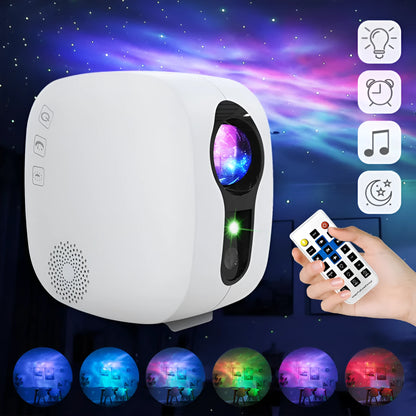 Black and white laser starry sky projection lamp showing nebula moon patterns on ceiling