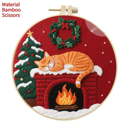 Cat embroidery DIY kit with autumn fruit design on fabric and a 20cm imitation bamboo embroidery frame