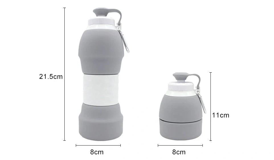 Collapsible silicone water bottle in various colours, perfect for travel and outdoor activities