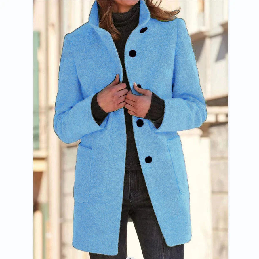Stylish wool coat with stand collar, pockets, and slim fit design for casual winter wear.