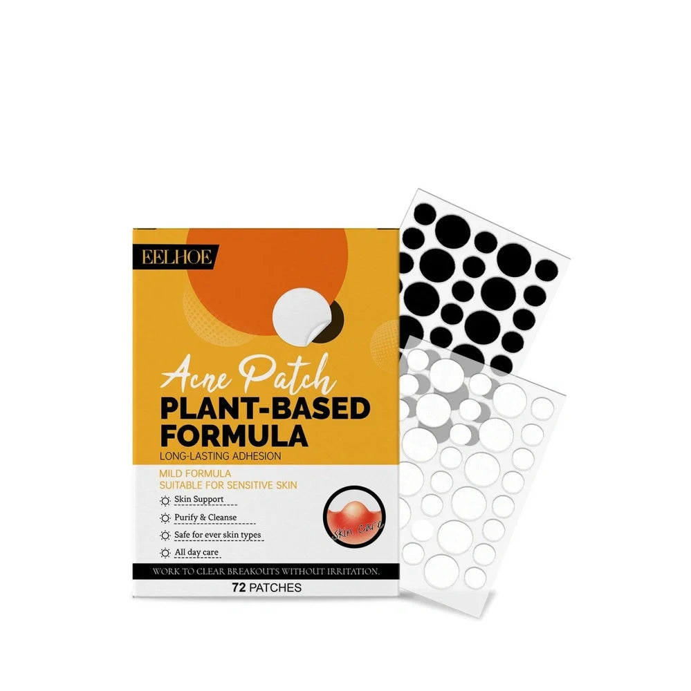 72 hydrocolloid acne patches with tea tree oil in round container, each patch approximately 1cm diameter