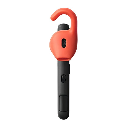Black Bluetooth earphone with behind-the-ear design showing dual-phone connectivity