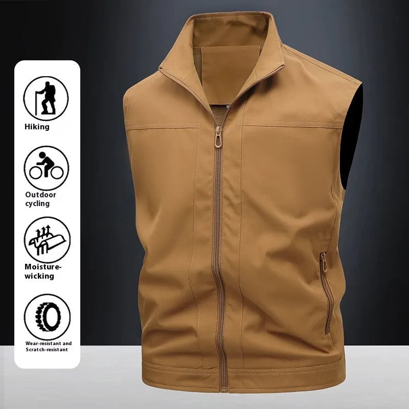 Men's Casual Shirt with Stand-up Collar in Quick-drying Polyester Fibre Blend for Workwear and Leisure, Available in Four Colours including Army Green and Beige with Loose Fit Sizing from M to 4XL for Spring and Autumn Wear