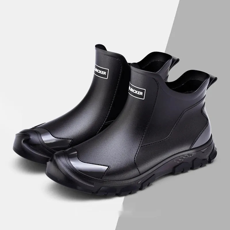 Men's short PVC rubber boots in beige, black, and black-red colours with a non-slip flat sole.