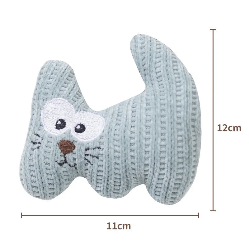 Cyan knitted plush cat toy with rope ends, shown next to a light coffee coloured version.