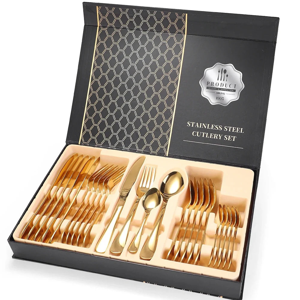 24-piece 18/10 stainless steel cutlery set in silver finish with knives, forks, spoons for six, optional wood box storage