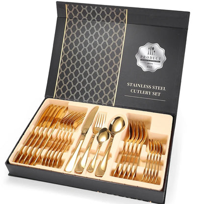 24-piece 18/10 stainless steel cutlery set in silver finish with knives, forks, spoons for six, optional wood box storage